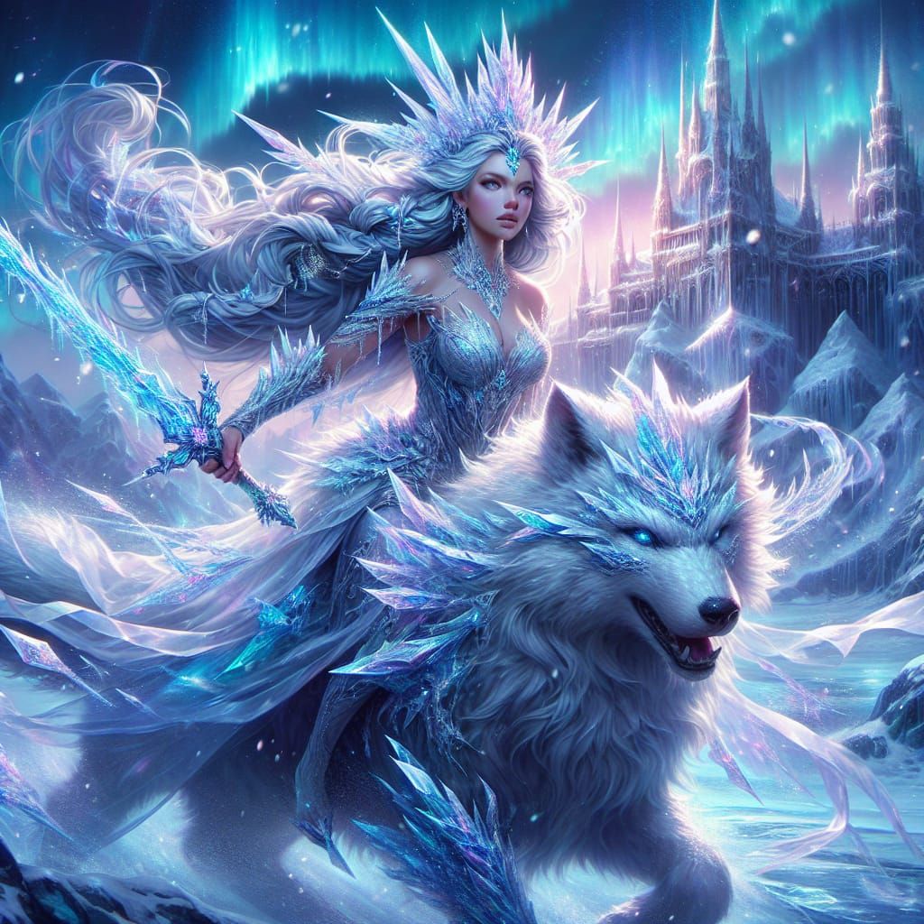 Ethereal Ice Queen Rides Glacial Wolf in Frosty Landscape