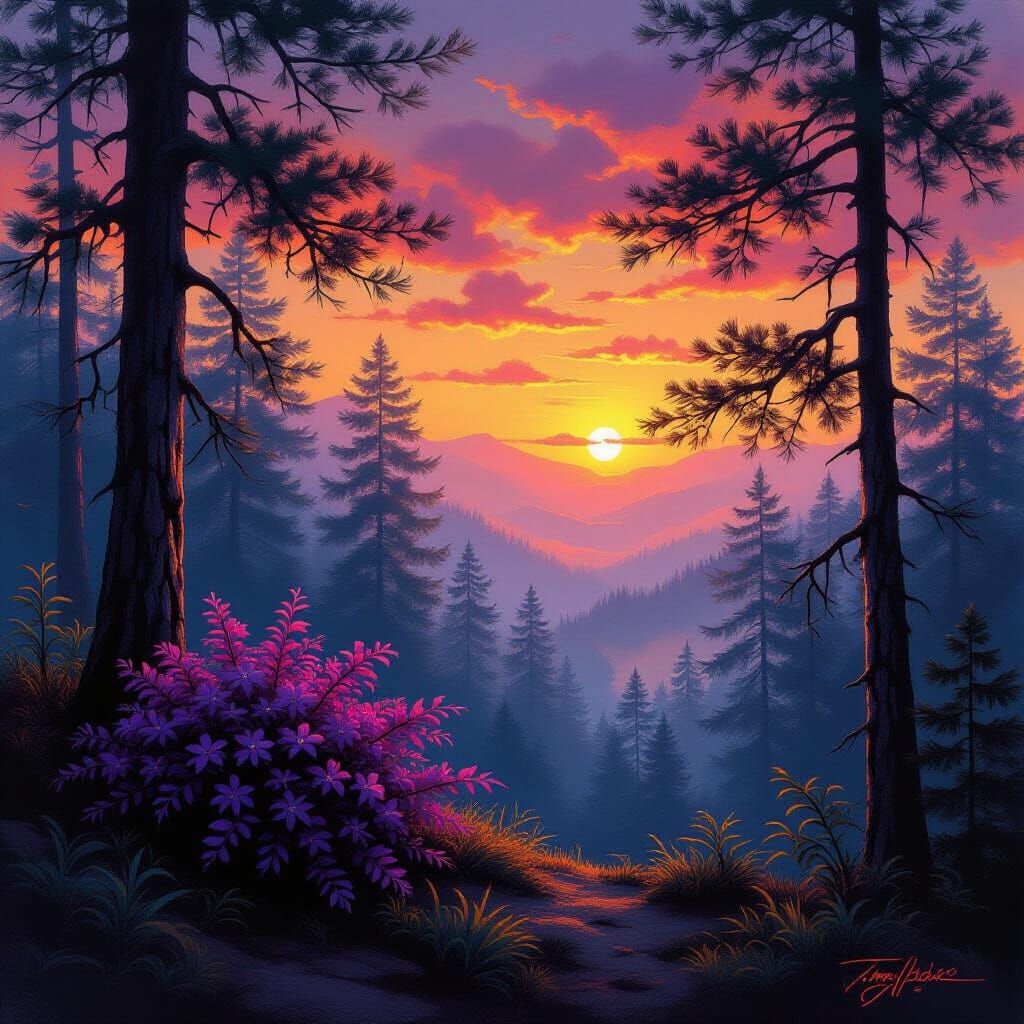 Hazy Pine Forest Sunset with Exotic Purple Flowers