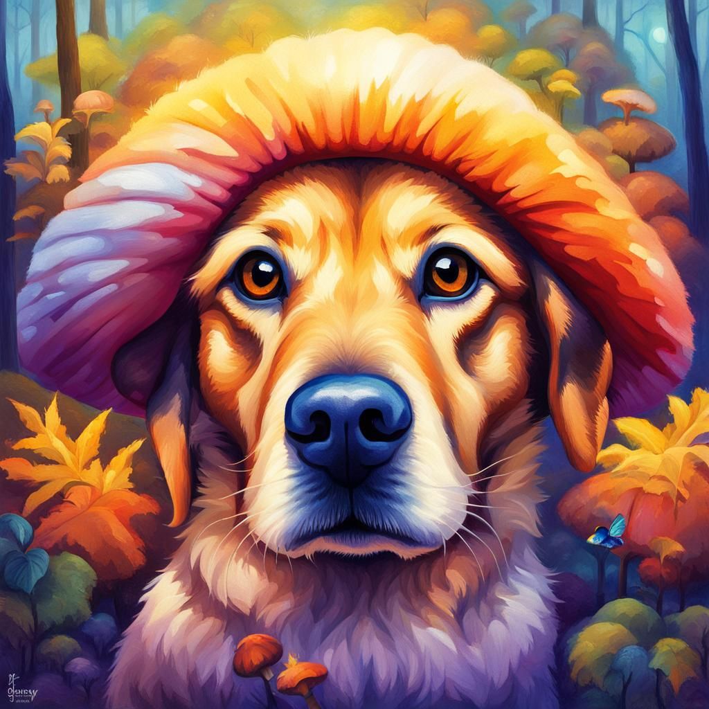 Dog on Mushroom: Whimsical Fantasy Oil Painting