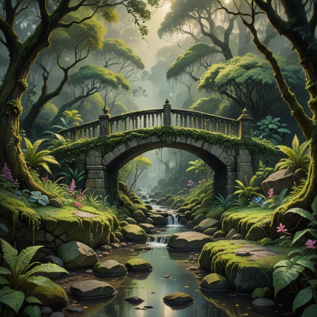 Whimsical Jungle Bridge in Soft Oil Painting