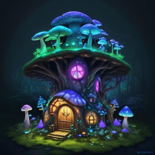 A fairy mushroom house in an enchanted bioluminescent forest...