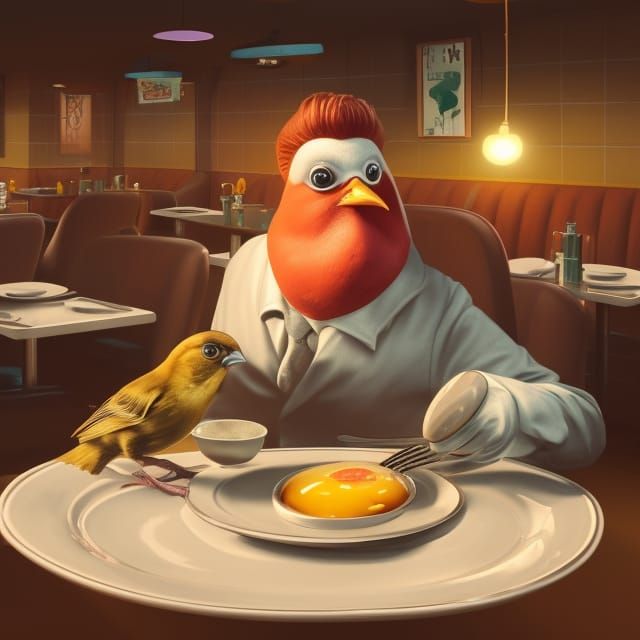 Humanoid sparrow bird, Alfred Hitchcock, 50s diner, Strangely looking at me, plate of eggs, 8k resolution concept art, h...