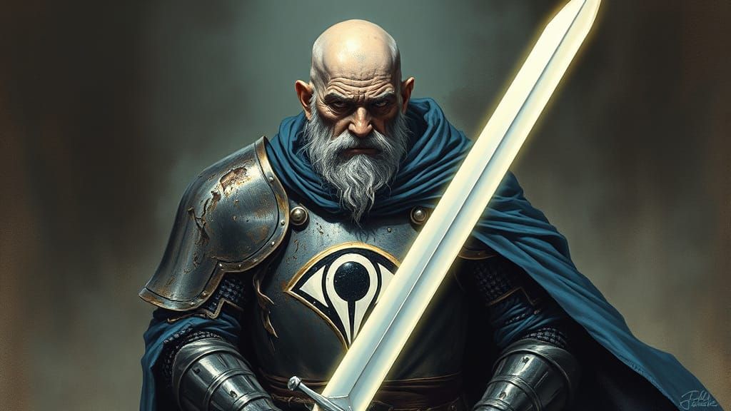 Elderly Knight with Glowing Sword, in Dark Fantasy Style