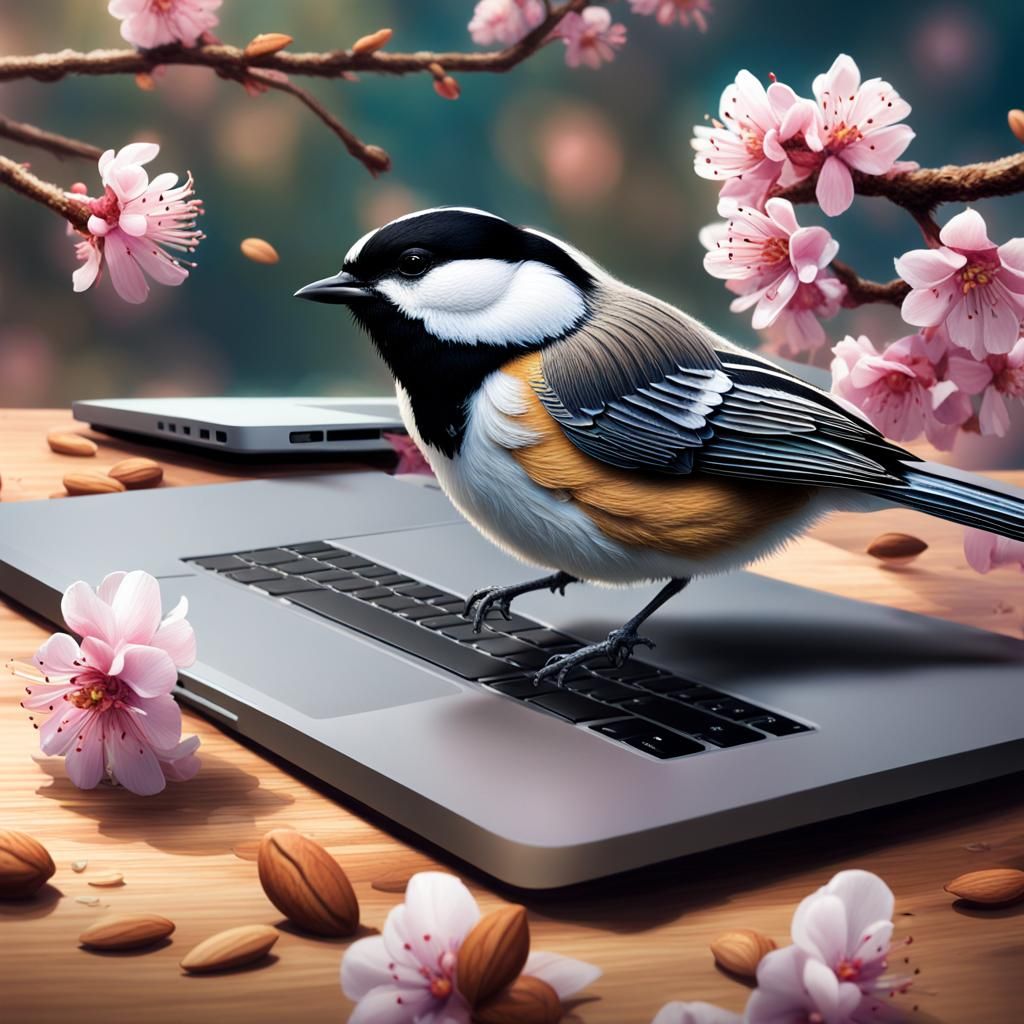 Chickadee on MacBook with Almond Blossoms: Hyperrealistic Ar...