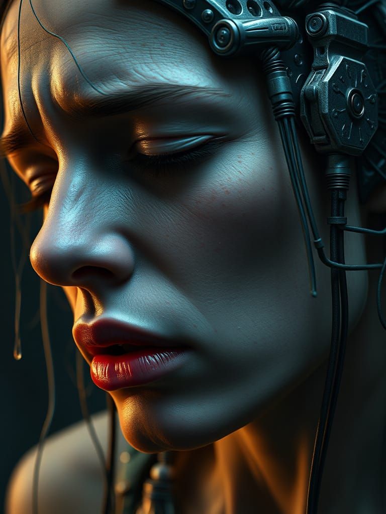 Crying Woman in Biomechanical Surrealist Style