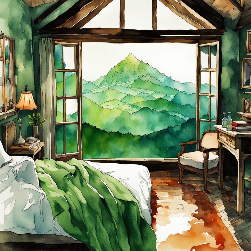 Fantasy Bedroom Watercolor Painting of Dreamy Scene