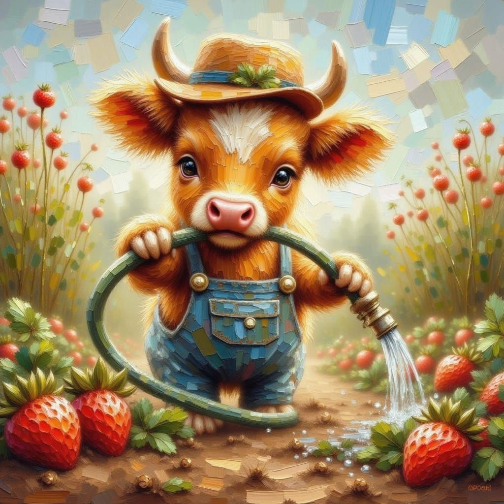Highland Cow Farmer Watering Strawberries: Impasto