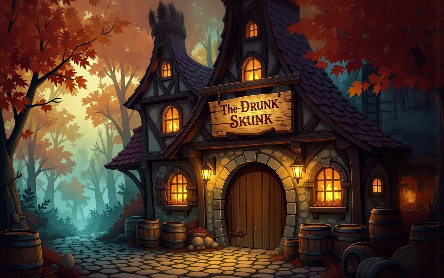Steampunk Medieval Tavern in Autumn Forest