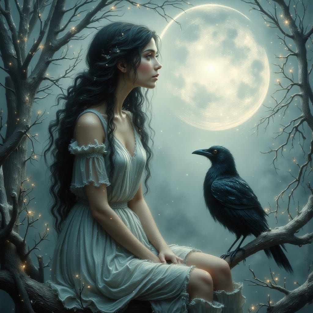 Ethereal Woman with Raven Gazing at the Moon