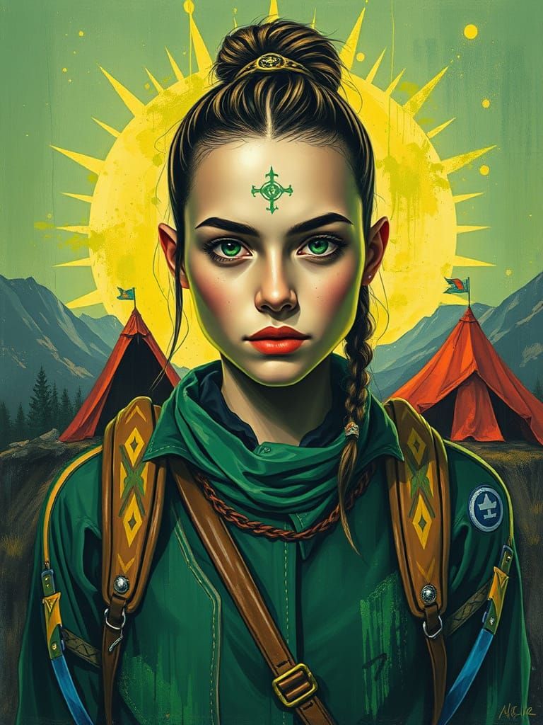 Impasto Oil Painting: Cyberpunk Hiker in Medieval Portal