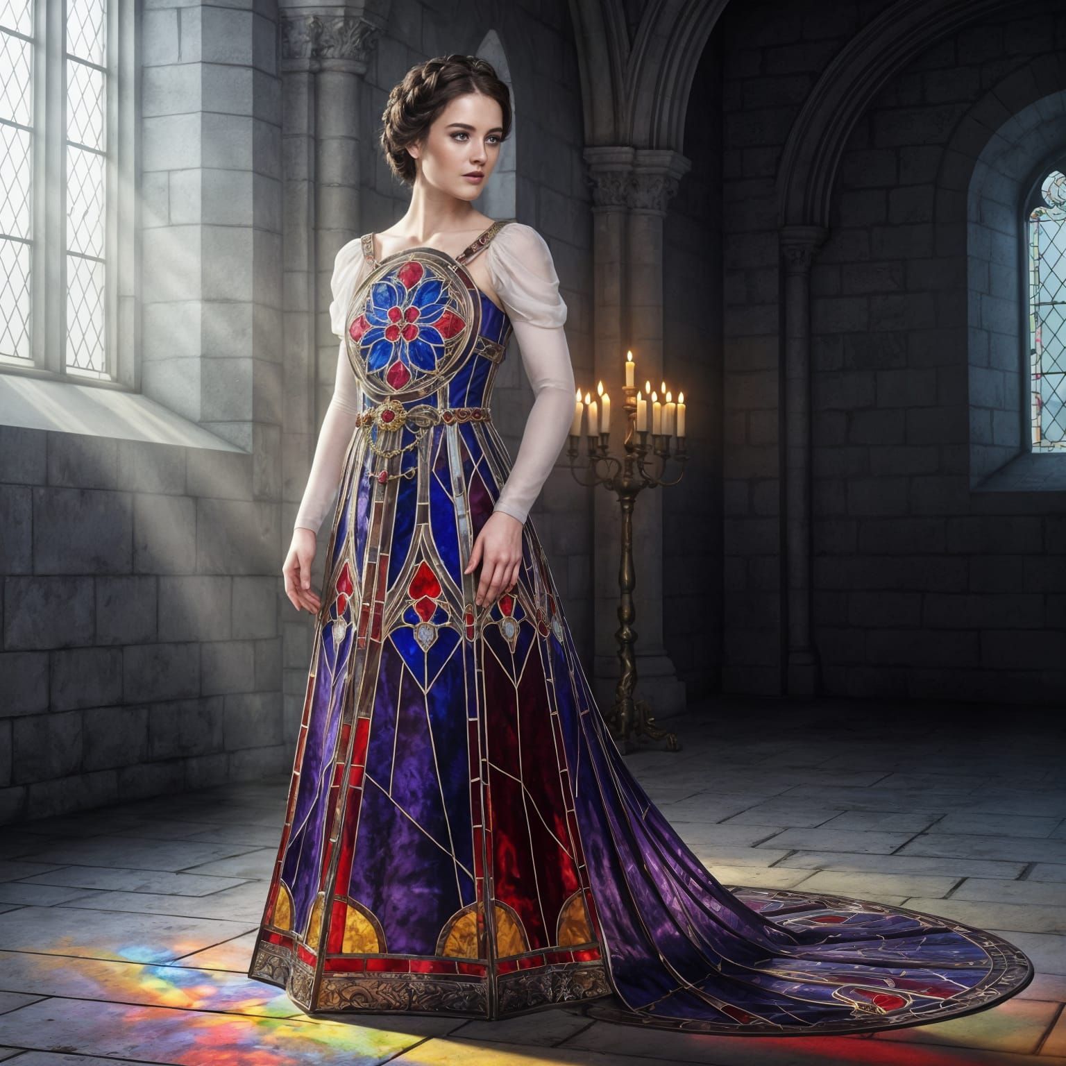 Woman in Stained Glass Gown Inside Cathedral