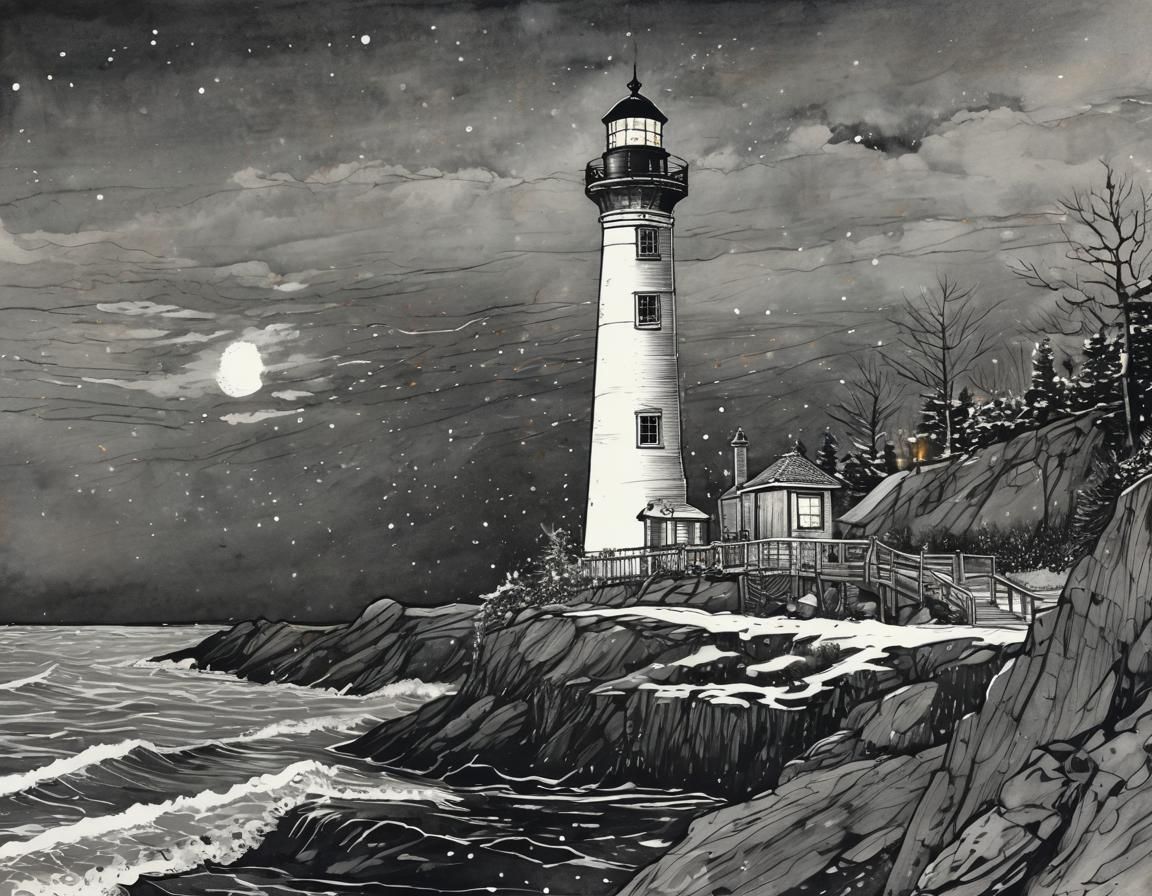 Festive Lighthouse Shines Christmas Cheer over Winter Sea