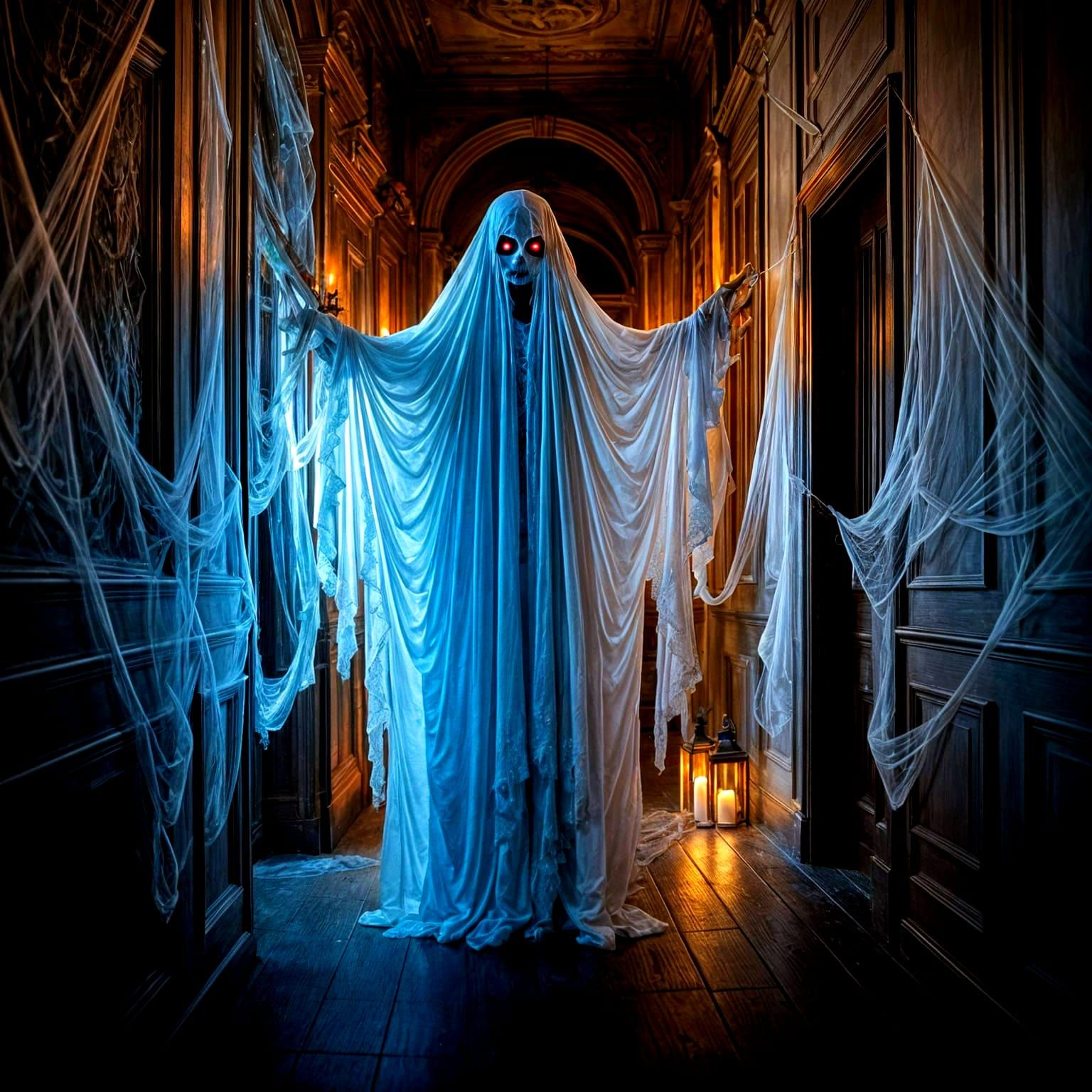 Ethereal Ghost Emerges from Shadows in Haunting Halloween Sc...