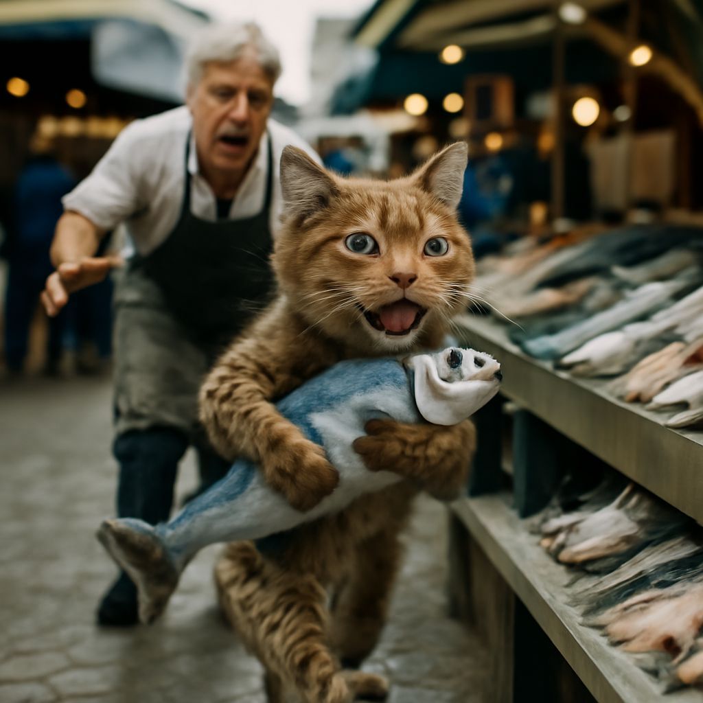 Dramatic Tabby Cat Steals Fish on Bustling Dutch Street Mark...