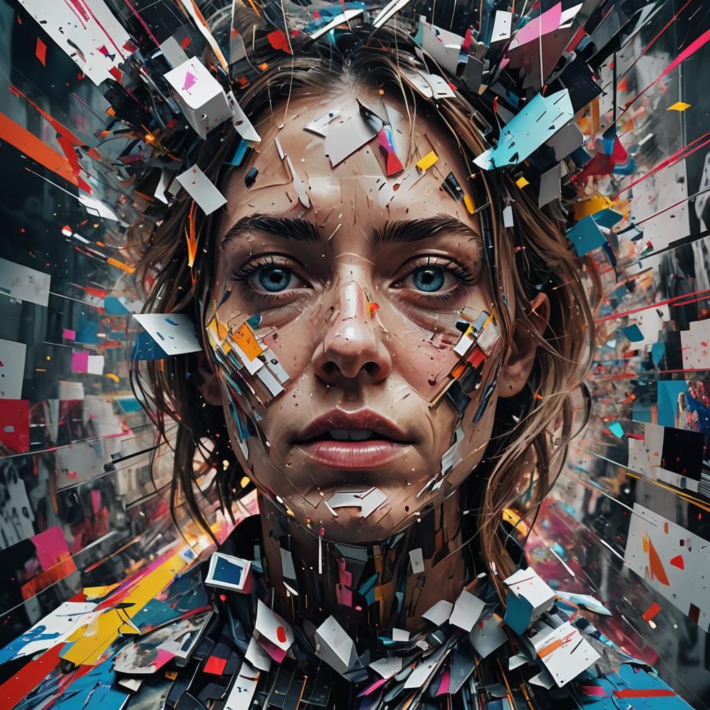 Glitchcore composition fusing collage elements with cinemati...