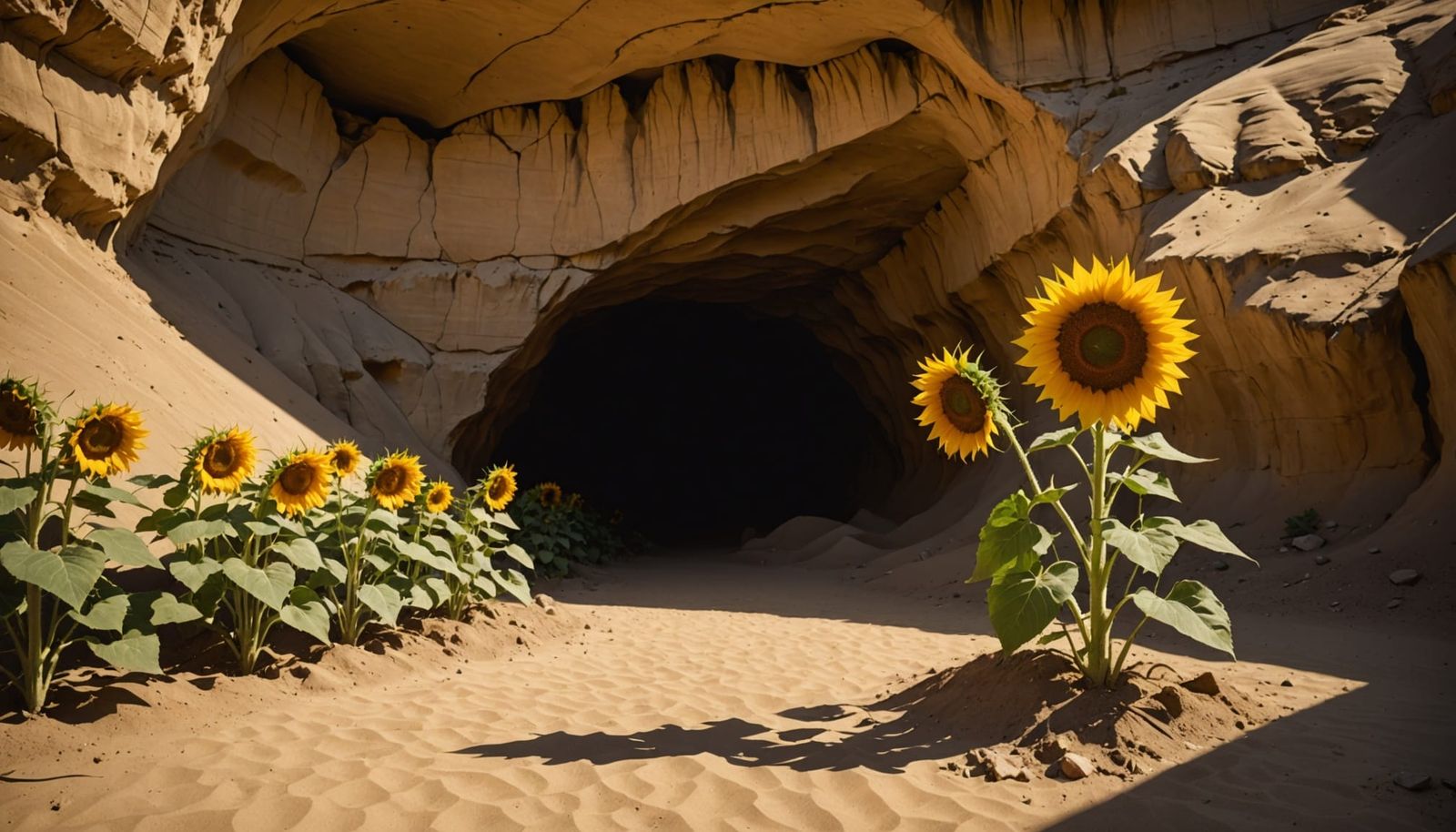 Sunflowers Bloom in Desert Cave: Photorealistic Landscape