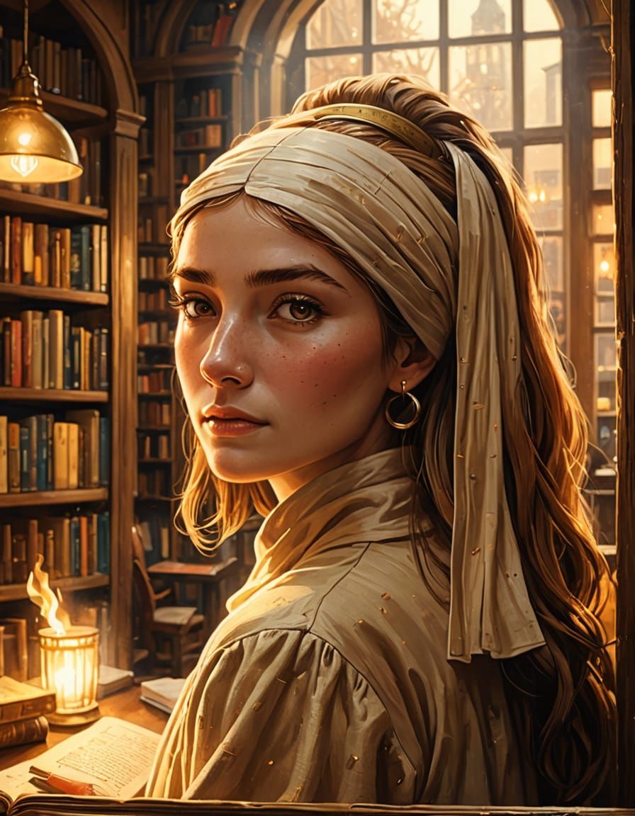 Cozy Librarian Reading in Coffee Shop, Oil Painting