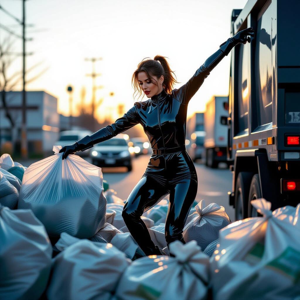 Garbage Woman in Latex Jumpsuit Tossing Woman
