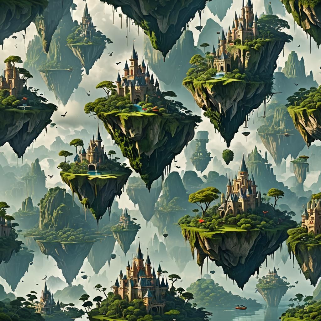 Surreal Floating Islands with Castle, City, and Rainforest