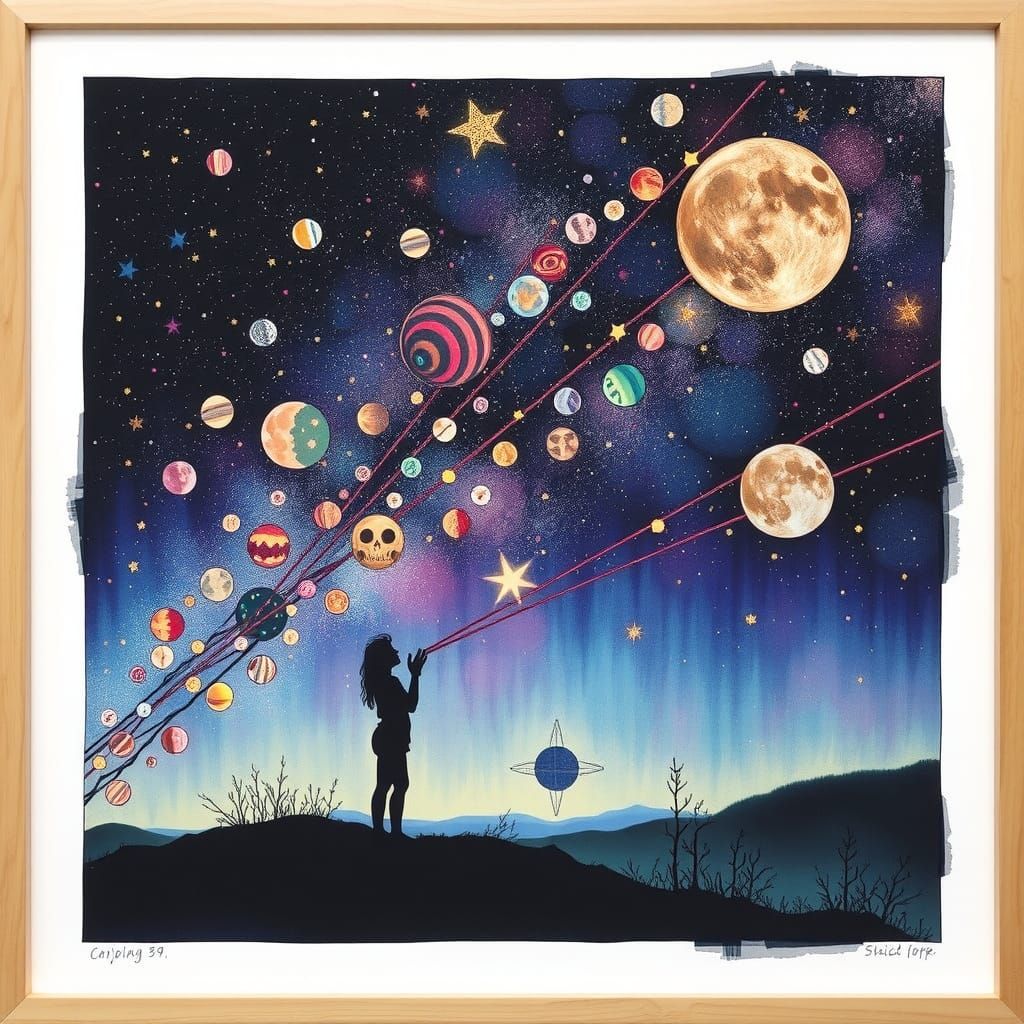 Dreamcore Space Astronomer in Watercolor String Art
