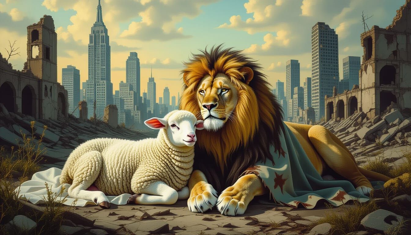 Lion and Lamb in Ruined City, Surreal Post-Apocalyptic Scene