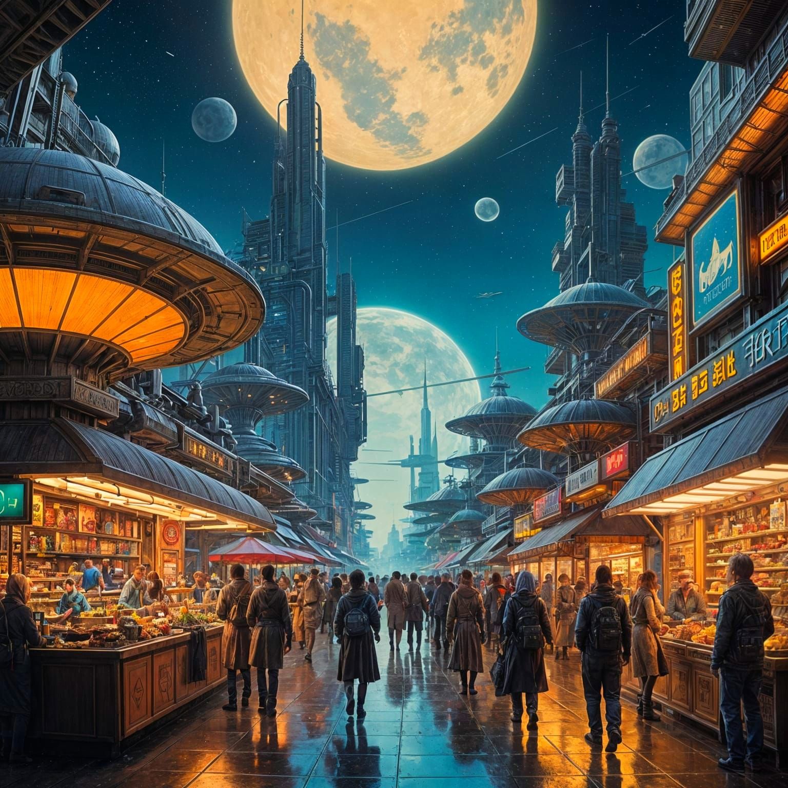 Bustling Alien Marketplace with Twin Suns