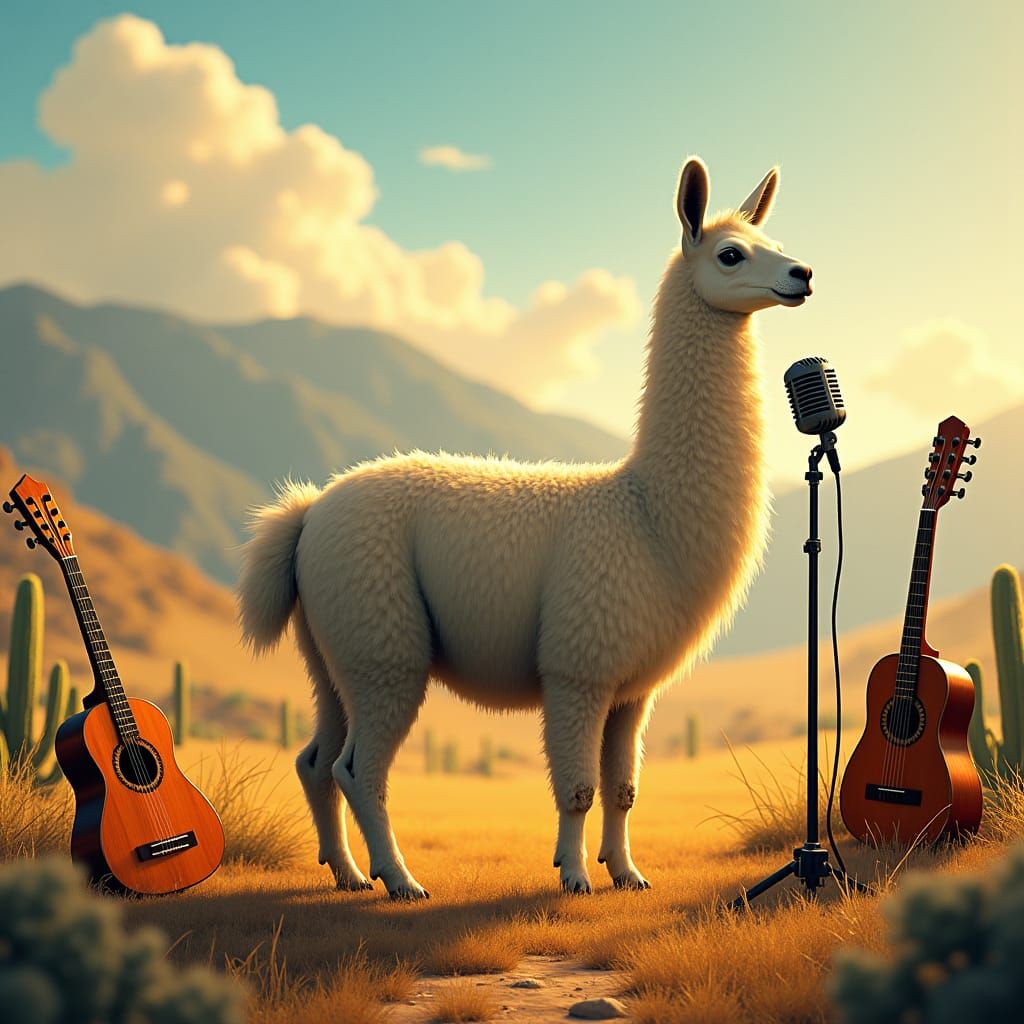 Llama in Andes with Vintage Microphone, Digital Painting