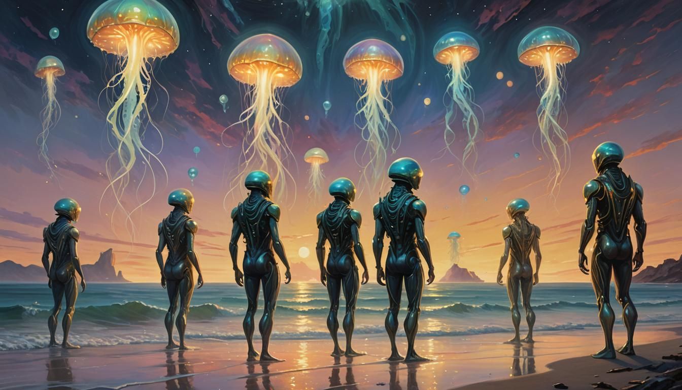 Aliens Gaze at Bioluminescent Ocean as Oil Painting