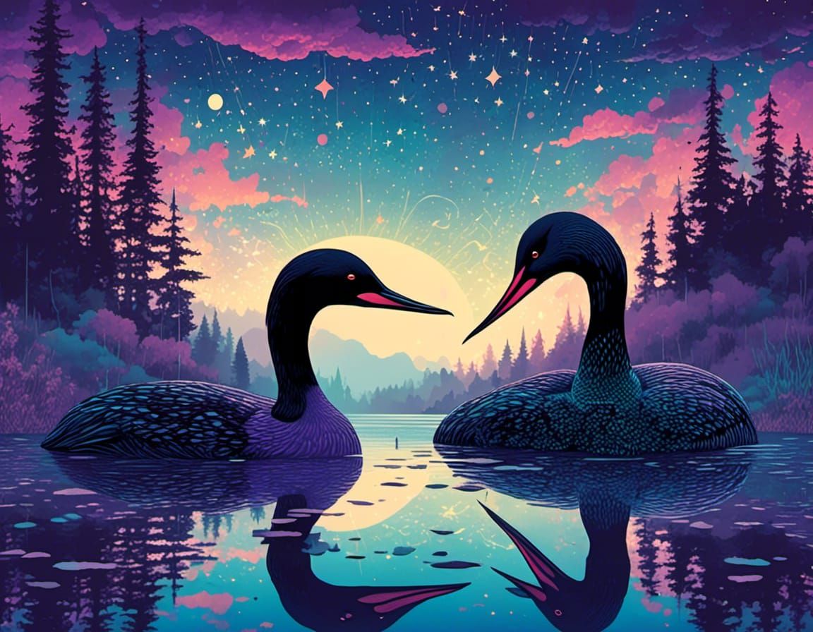 Loon on Misty Lake at Blue Hour: Vector Illustration
