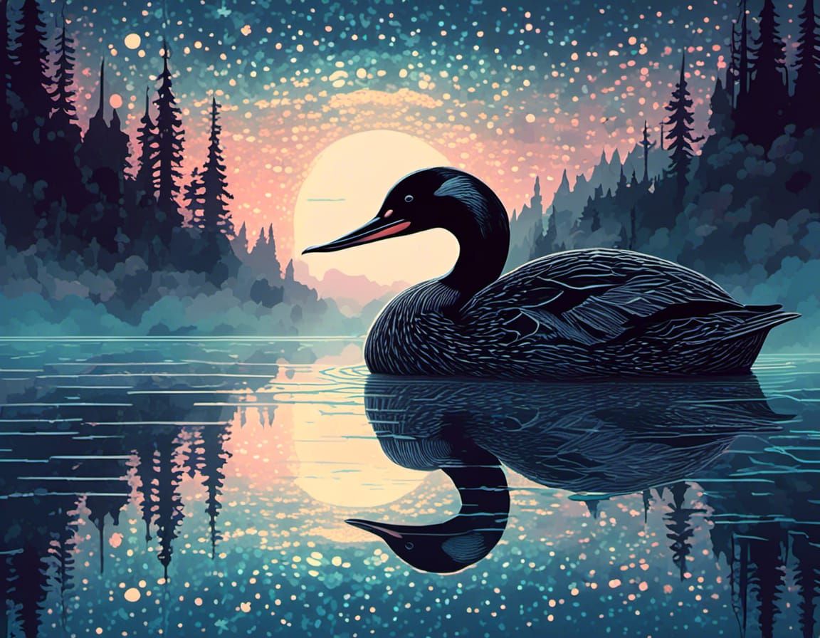 Loon on Misty Lake at Blue Hour