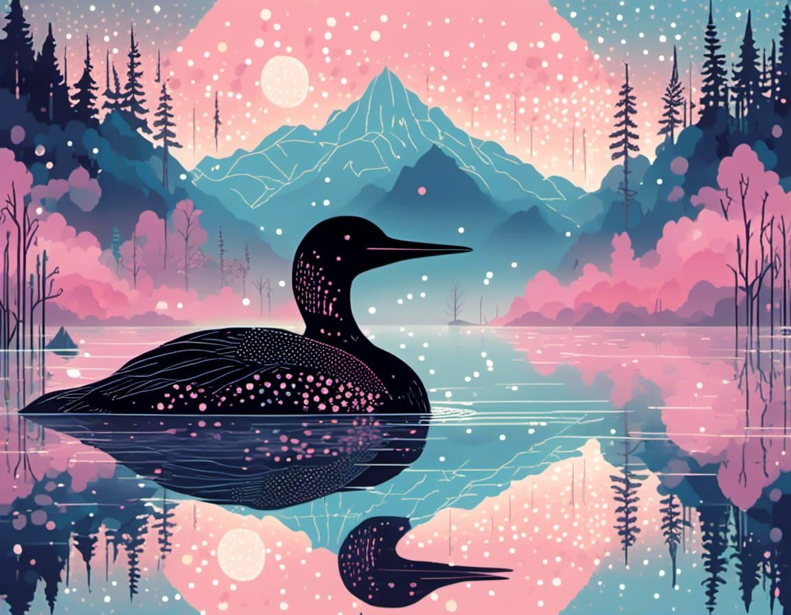 Loon on Misty Lake: Whimsical Vector Illustration