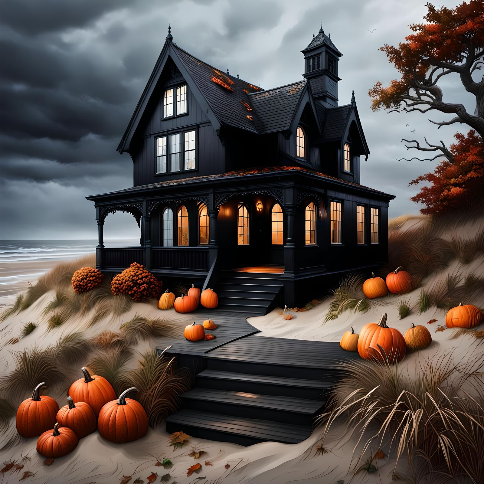 Gothic Cottage on Stormy Autumn Beach