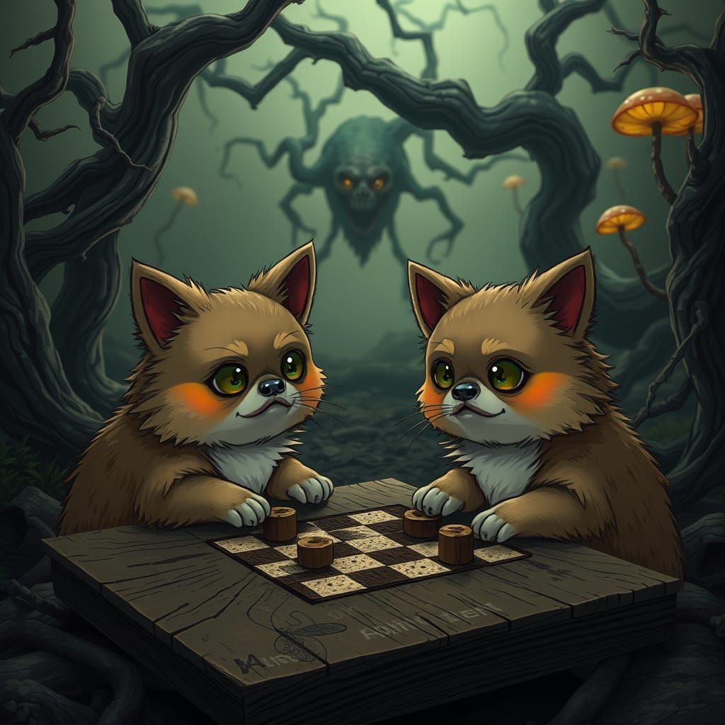 Mysterious Chi Bis Play Checkers in a Haunting Landscape