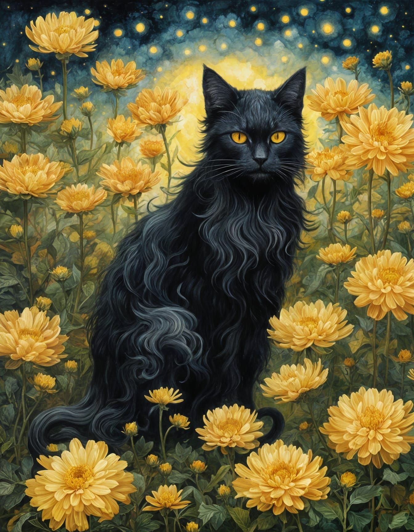 Ethereal Black Cat in Chrysanthemum Field as Impasto