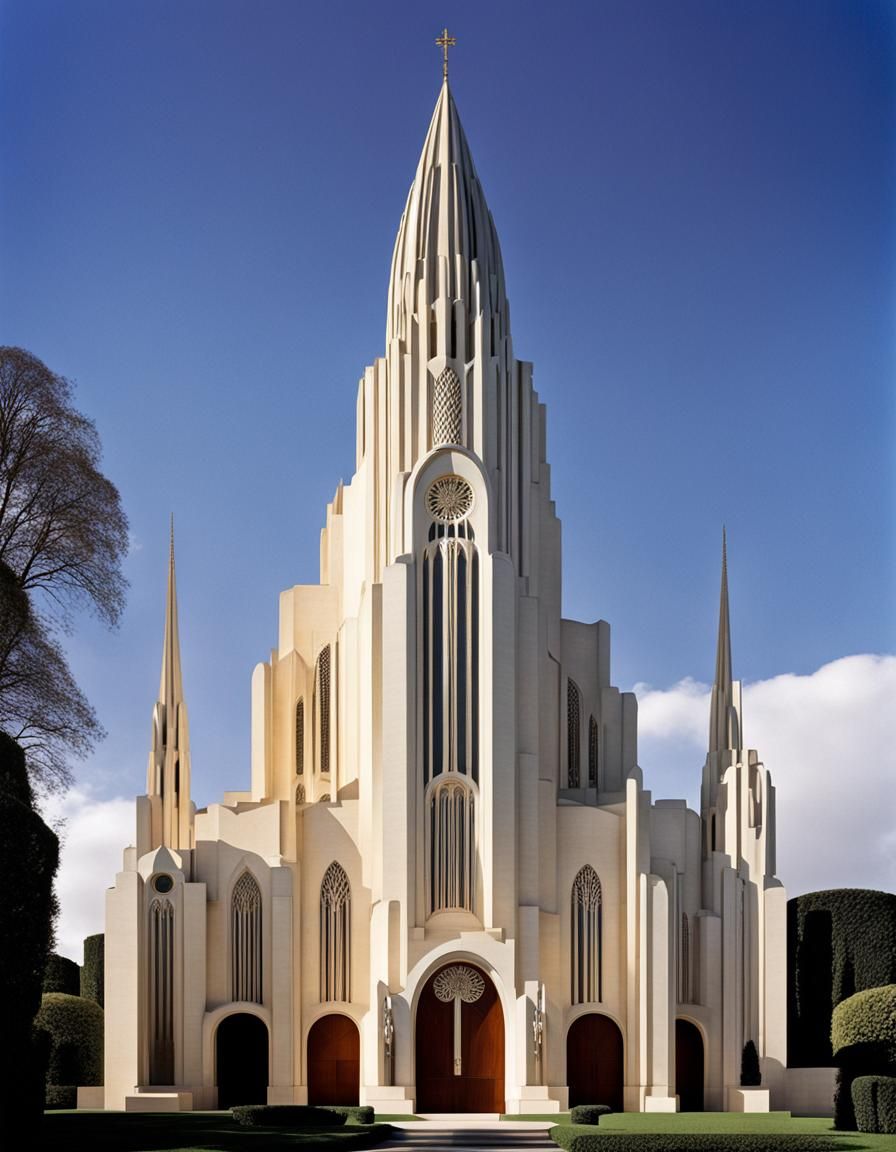 Elegant Art Deco Cathedral in Fashion Illustration Style