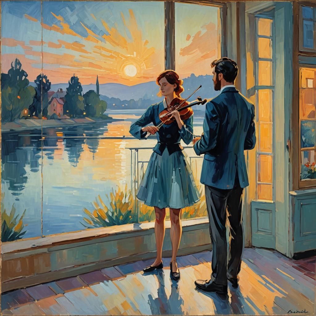 Impressionist Couple Gazing at River in Golden Light