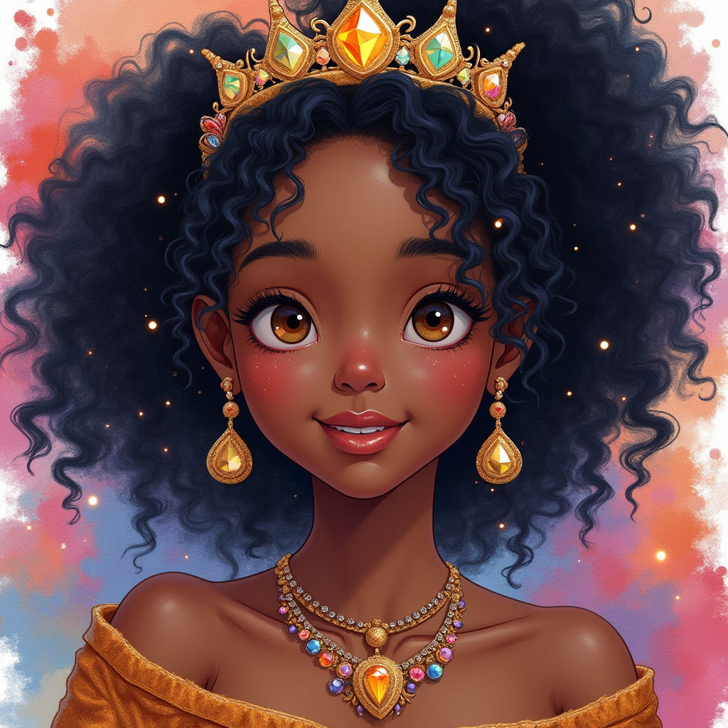 Radiant Teenager with Crown: Watercolor Fantasy Portrait