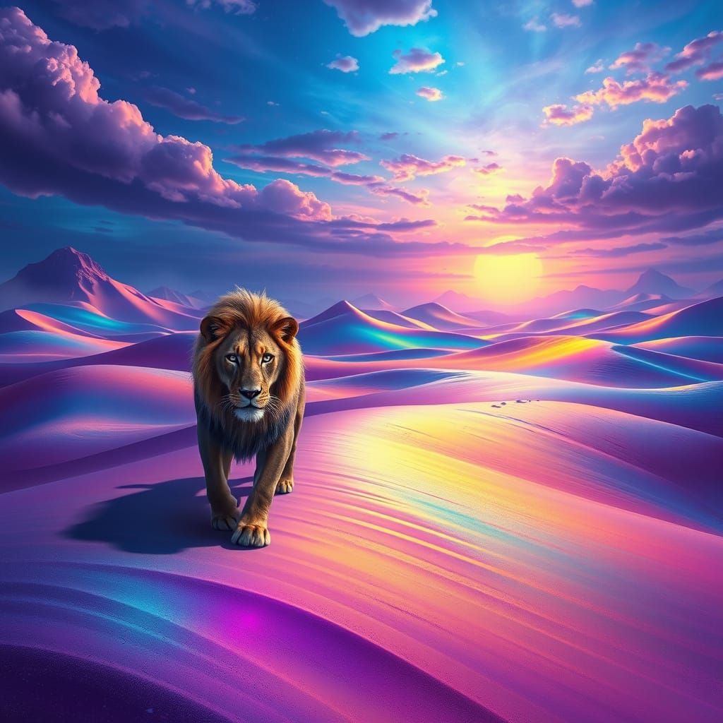 Lioness in a Surreal Multicolor Desert Landscape