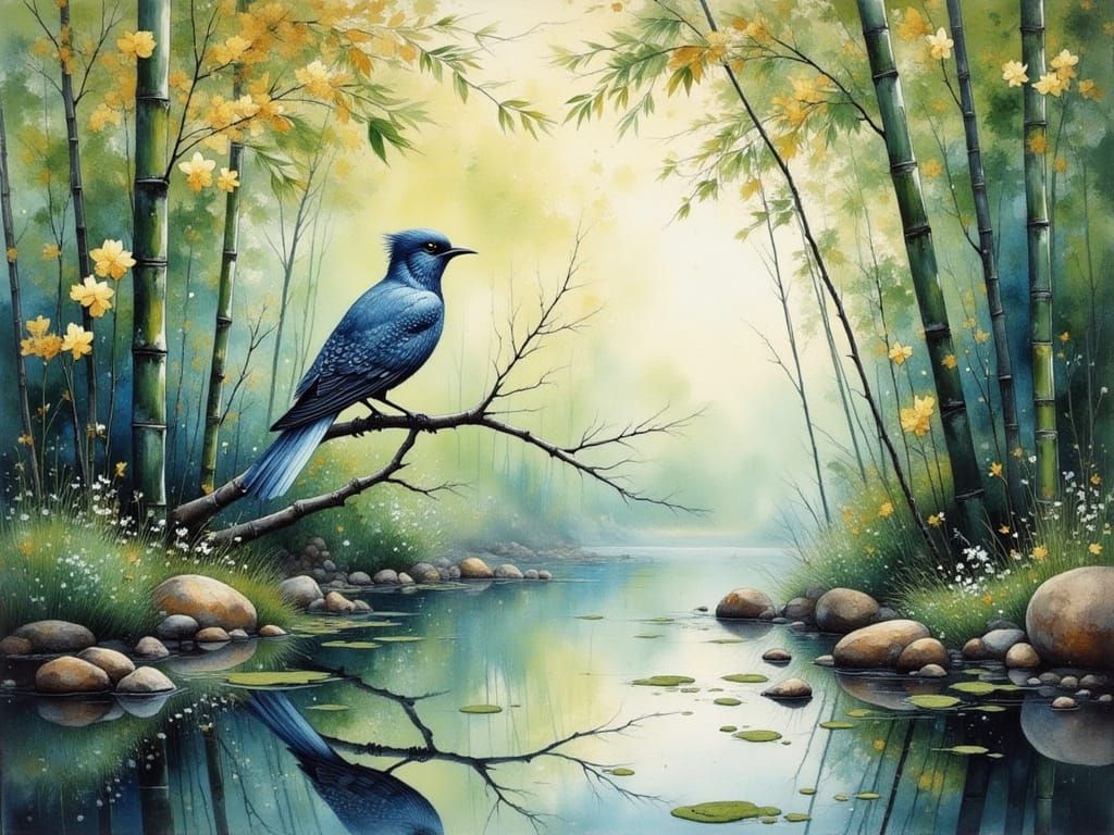 Bird on Bamboo Branch as Impasto Painting