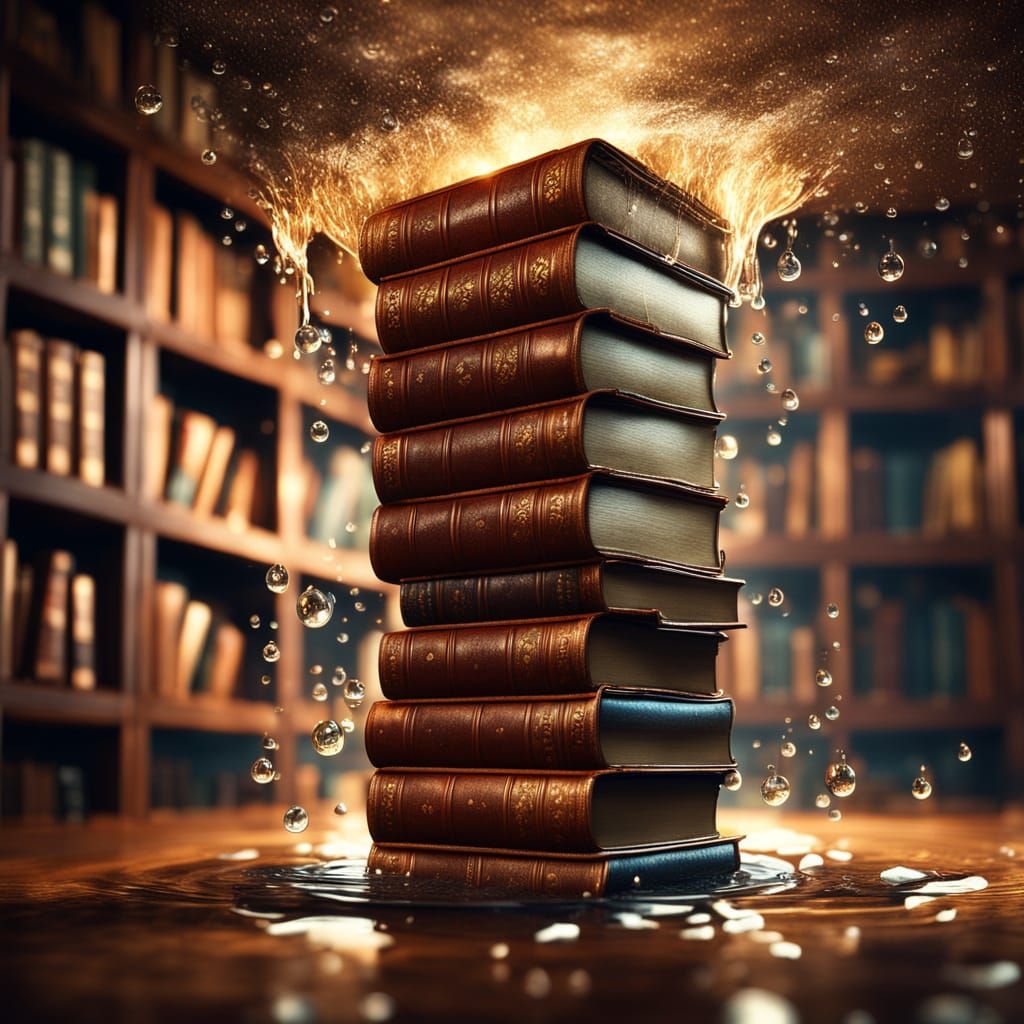 Surreal Waterfall Bookshelf in Vintage Library