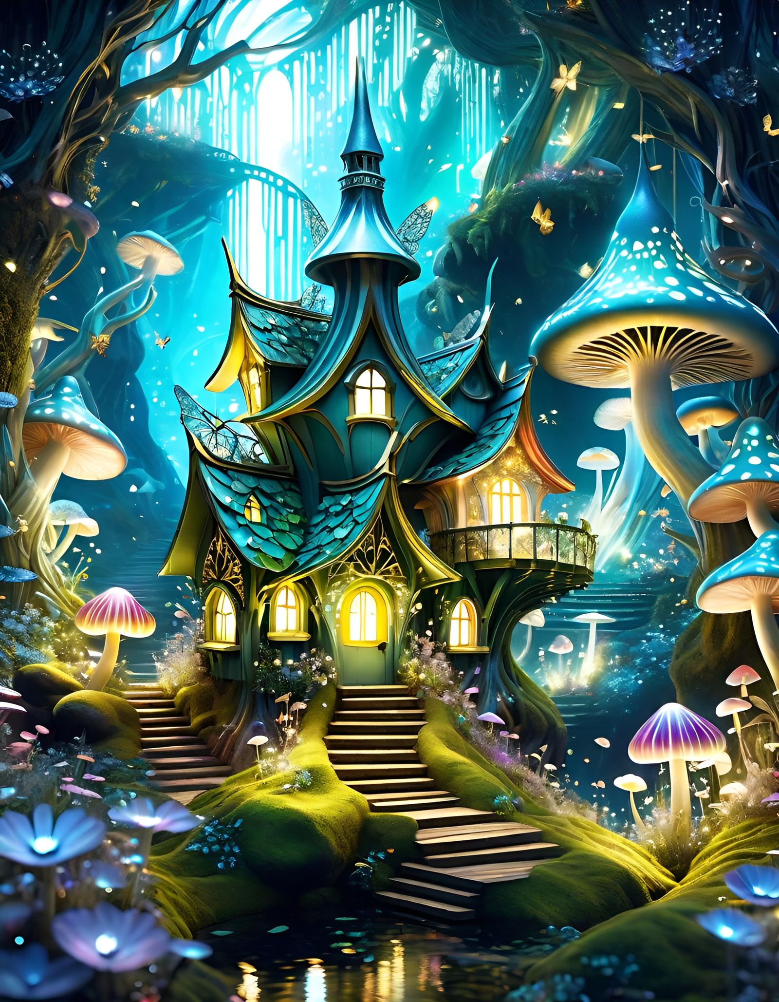 Enchanted Fairy Village with Bioluminescent Details