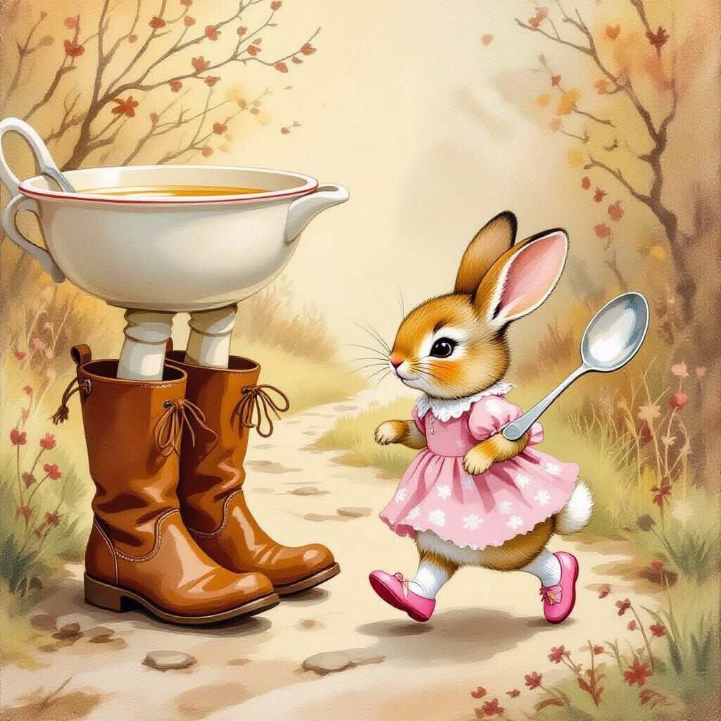 Dish and Spoon Run Away in Oil Painting Style