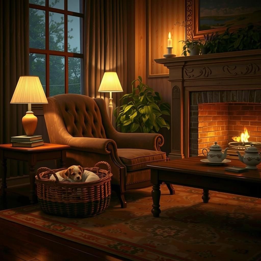 Cozy Living Room on Stormy Evening, Greg Rutkowski Style