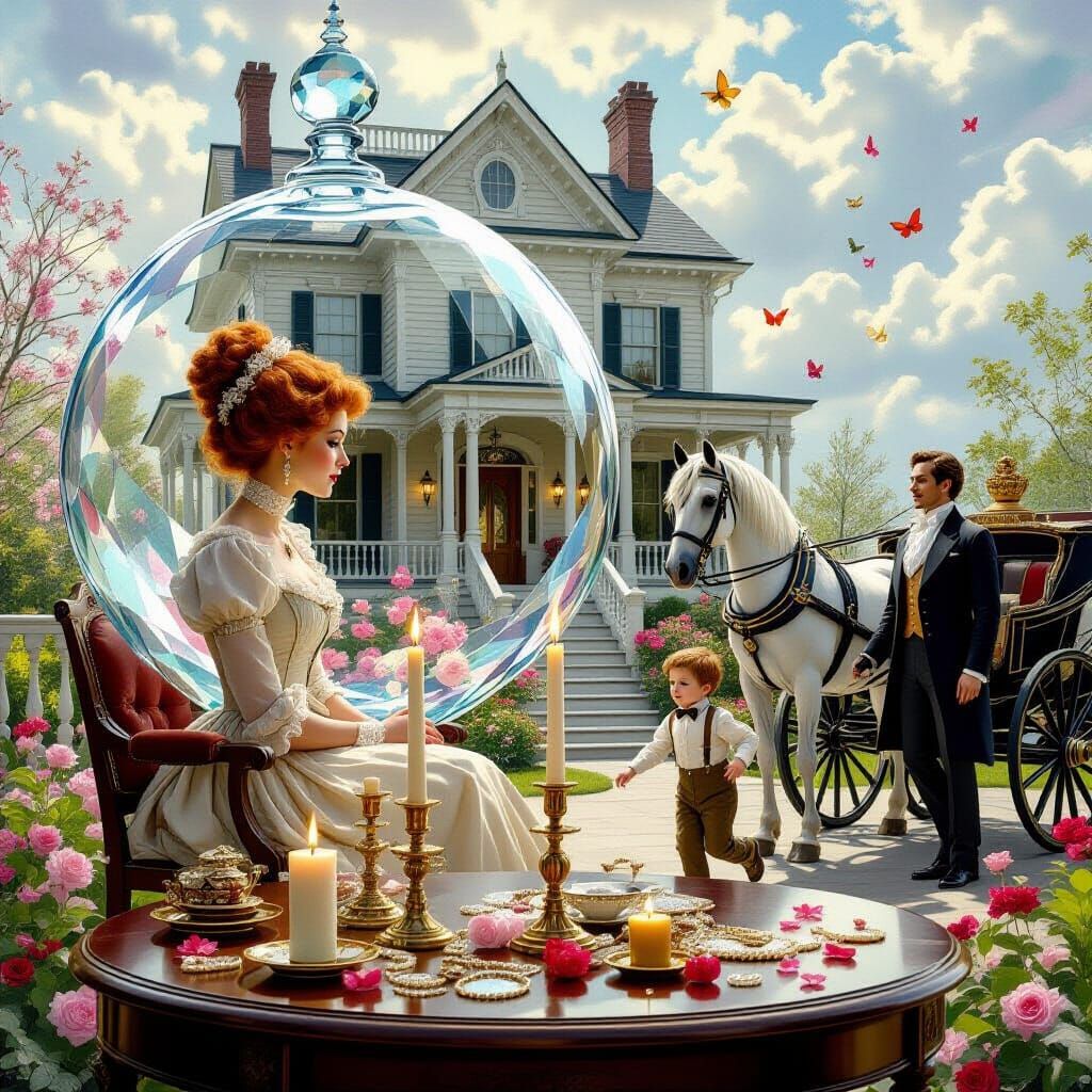 Whimsical Scene with Woman in Glass House