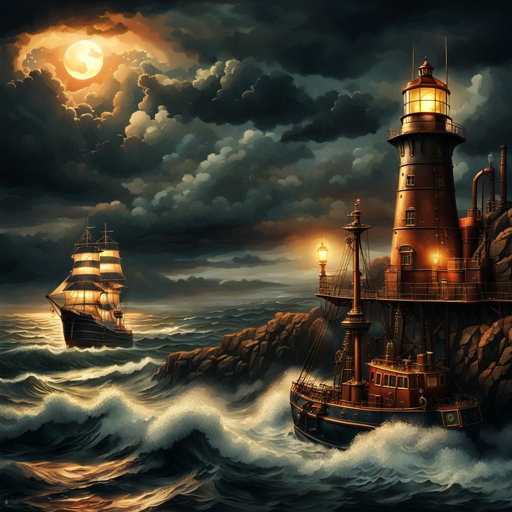Steampunk Lighthouse Under Stormy Skies