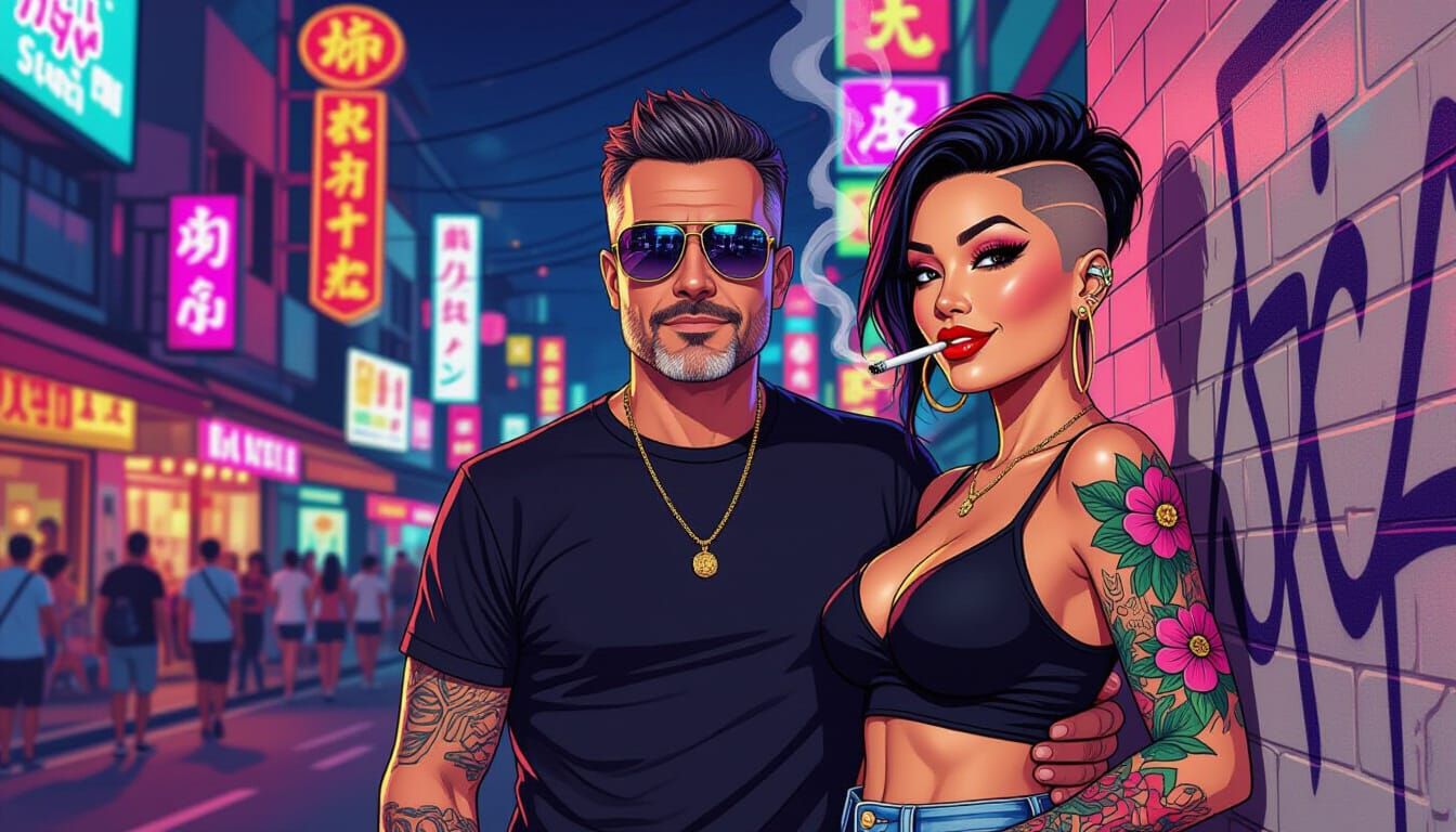 Pattaya Walking Street at Night in Cartoon Style