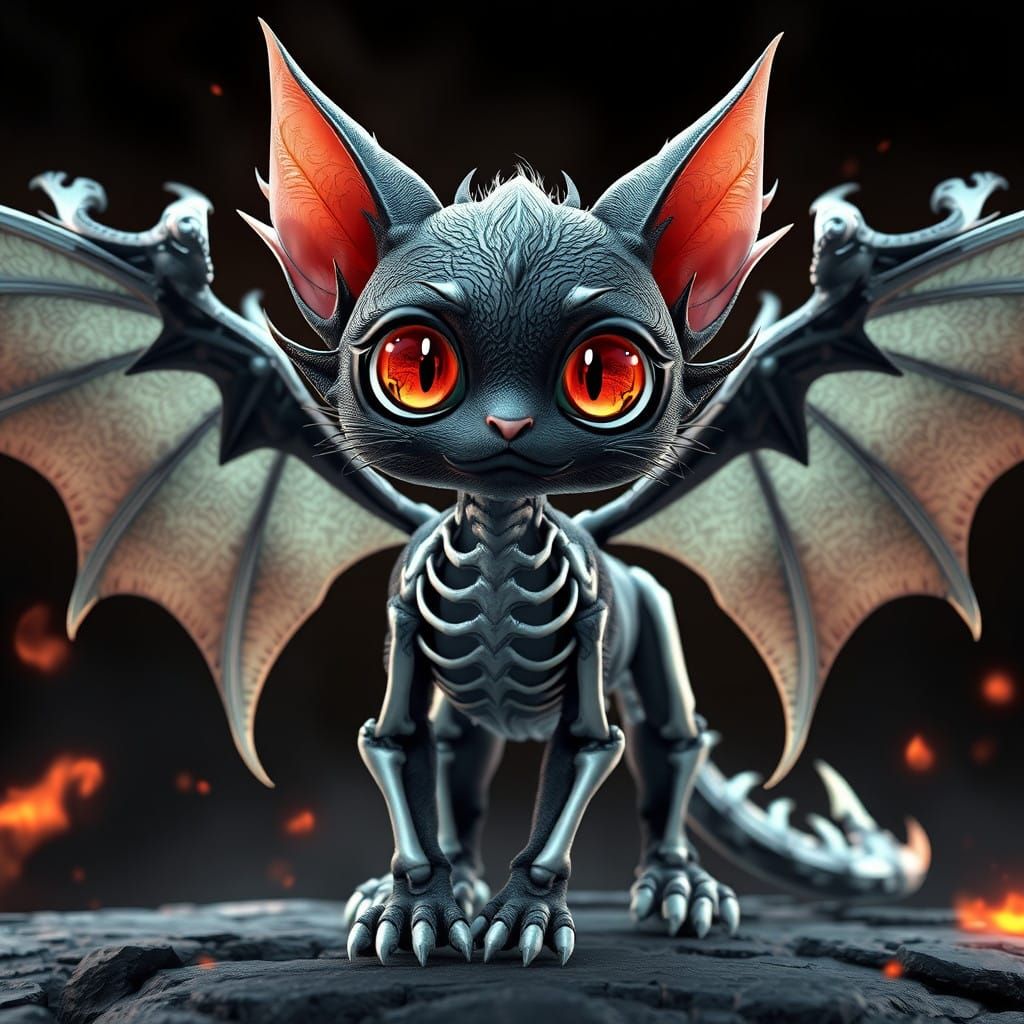 Cyberpunk Cat Dragon Unleashes Black Flames