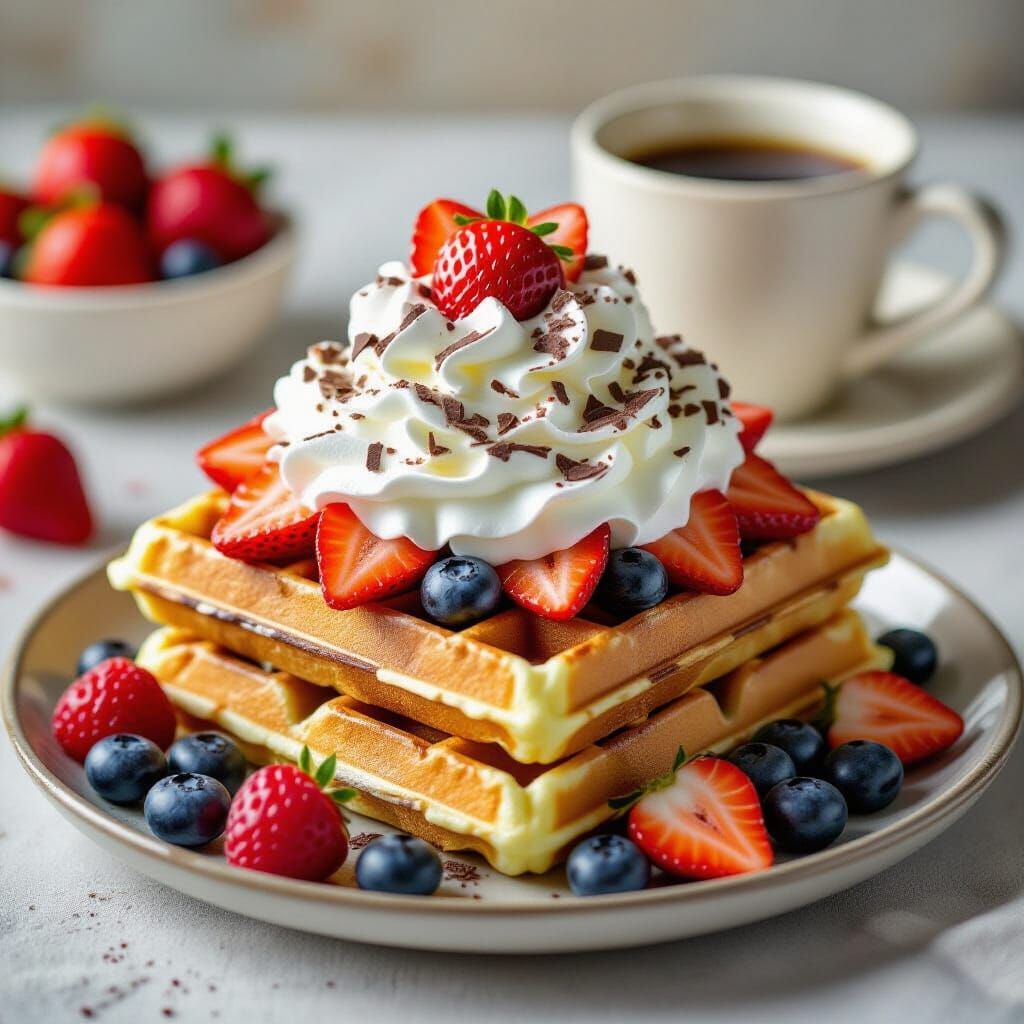 A vibrant food photography 
shot of a  waffle topped with a huge  amount of whipped cream, sliced strawberries 
and tiny...