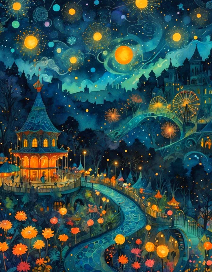 Colorful Nighttime Amusement Park in Abstract Watercolor