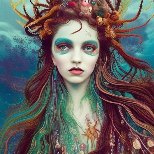 Detailed Mermaid with Creepy Eyes in Sci-Fi Style